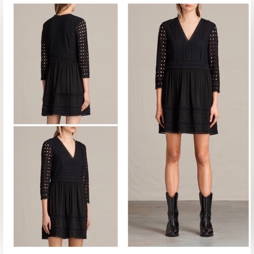 AllSaints Black Eyelet V-Neck Mini Dress